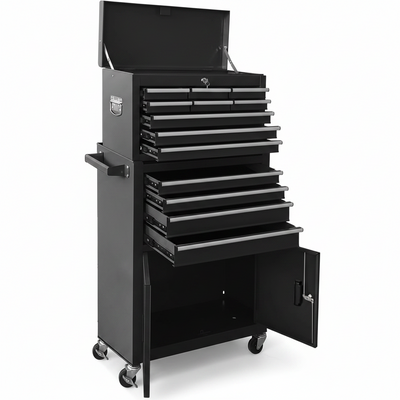 13-Drawer Rolling Tool Chest with Double Doors, 2 in 1 Detachable Rolling Tool Chest with Drawers, Mobile Tool Cabinet Combo, Metal Large Lockable Tool Box for Garage Workshop (Black)