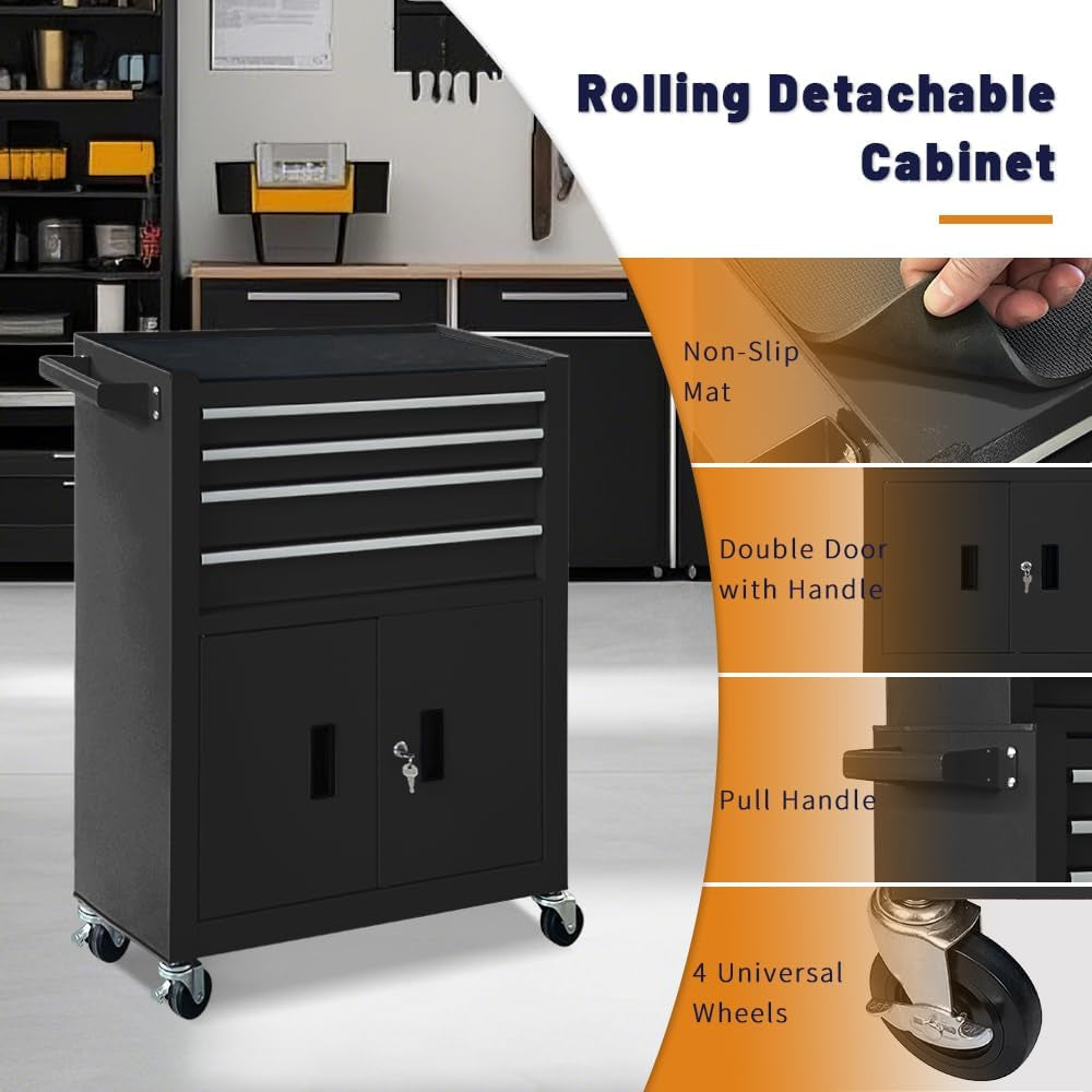 13-Drawer Rolling Tool Chest with Double Doors, 2 in 1 Detachable Rolling Tool Chest with Drawers, Mobile Tool Cabinet Combo, Metal Large Lockable Tool Box for Garage Workshop (Black)