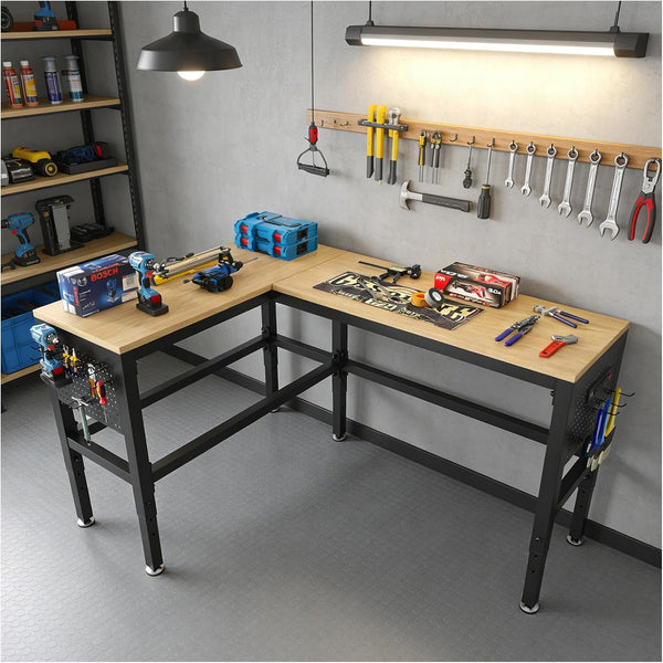 64" Heavy Duty L-Shaped Workbench with Outlets & Pegboard, Wood | 2000 LBS Load Capacity Adjustable Height Work Table for Garage & Workshop, Matte Black Metal Frame Corner Desk for Crafting
