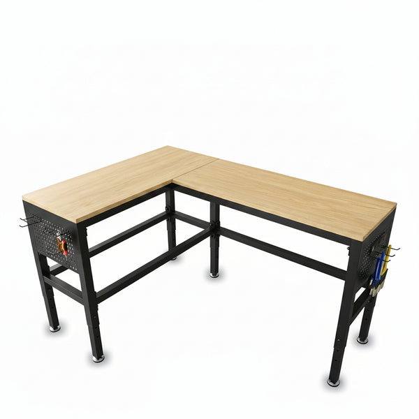 64" Heavy Duty L-Shaped Workbench with Outlets & Pegboard, Wood | 2000 LBS Load Capacity Adjustable Height Work Table for Garage & Workshop, Matte Black Metal Frame Corner Desk for Crafting
