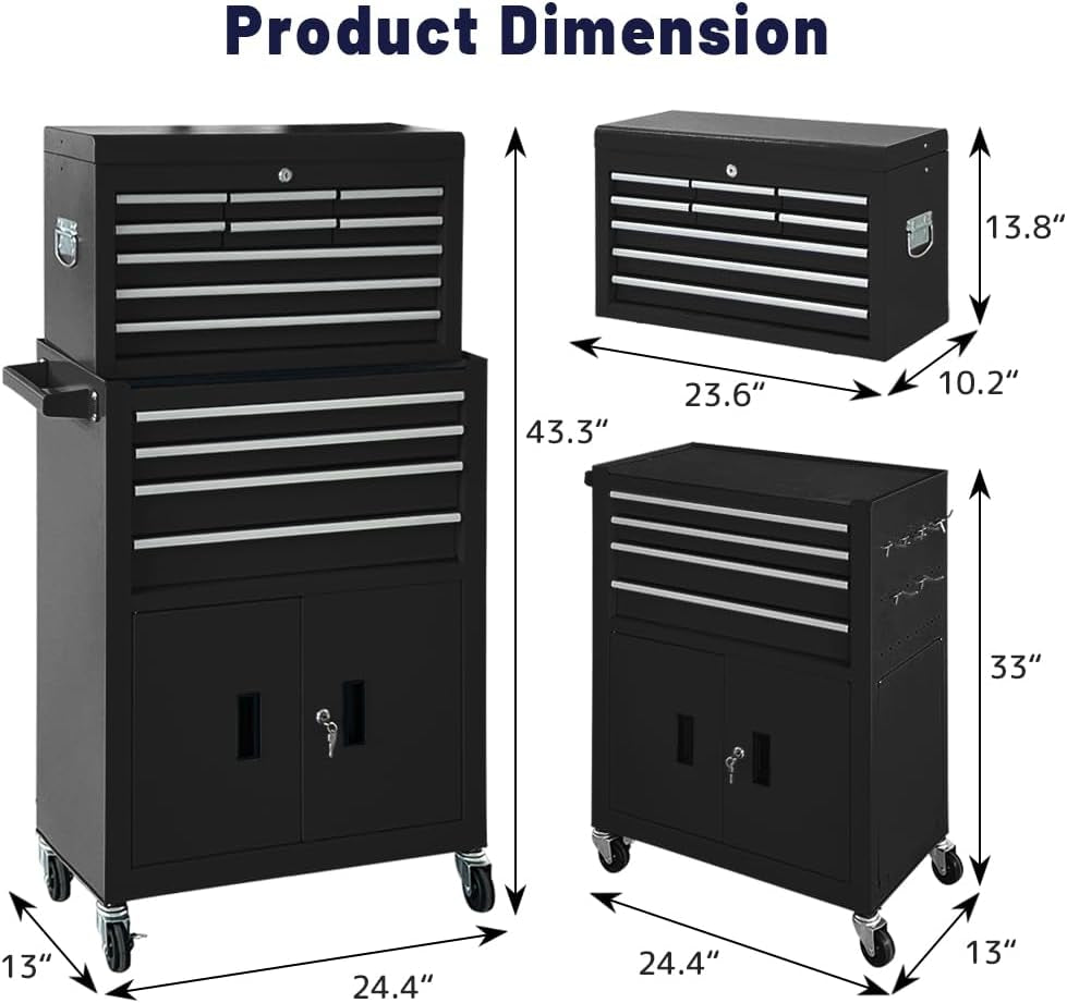 13-Drawer Rolling Tool Chest with Double Doors, 2 in 1 Detachable Rolling Tool Chest with Drawers, Mobile Tool Cabinet Combo, Metal Large Lockable Tool Box for Garage Workshop (Black)
