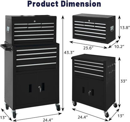 13-Drawer Rolling Tool Chest with Double Doors, 2 in 1 Detachable Rolling Tool Chest with Drawers, Mobile Tool Cabinet Combo, Metal Large Lockable Tool Box for Garage Workshop (Black)