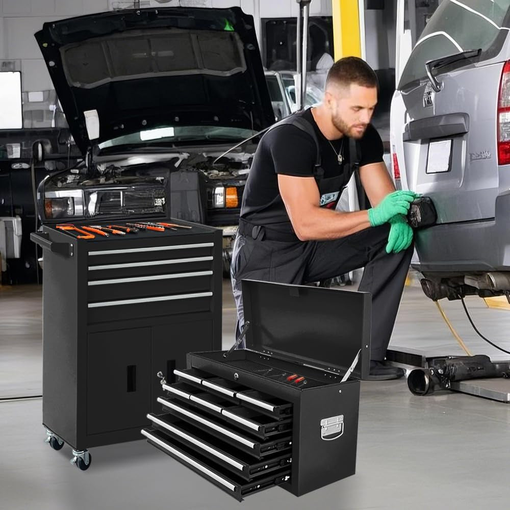 13-Drawer Rolling Tool Chest with Double Doors, 2 in 1 Detachable Rolling Tool Chest with Drawers, Mobile Tool Cabinet Combo, Metal Large Lockable Tool Box for Garage Workshop (Black)