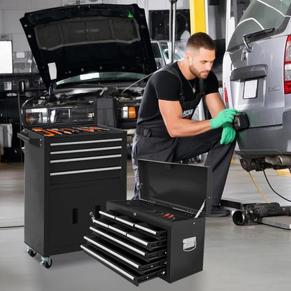 13-Drawer Rolling Tool Chest with Double Doors, 2 in 1 Detachable Rolling Tool Chest with Drawers, Mobile Tool Cabinet Combo, Metal Large Lockable Tool Box for Garage Workshop (Black)