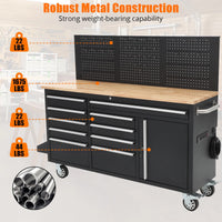 Tool Chest Workbench, 61-Inch Rolling Tool Chest with Wheels, 10 Drawers, Multifunctional Tool Cart Mechanic Tool Storage Cabinet for Garage, Assembled Large Tool Box Storage Cabinet, Black