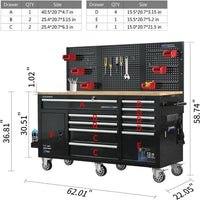 Tool Chest Workbench, 61-Inch Rolling Tool Chest with Wheels, 10 Drawers, Multifunctional Tool Cart Mechanic Tool Storage Cabinet for Garage, Assembled Large Tool Box Storage Cabinet, Black