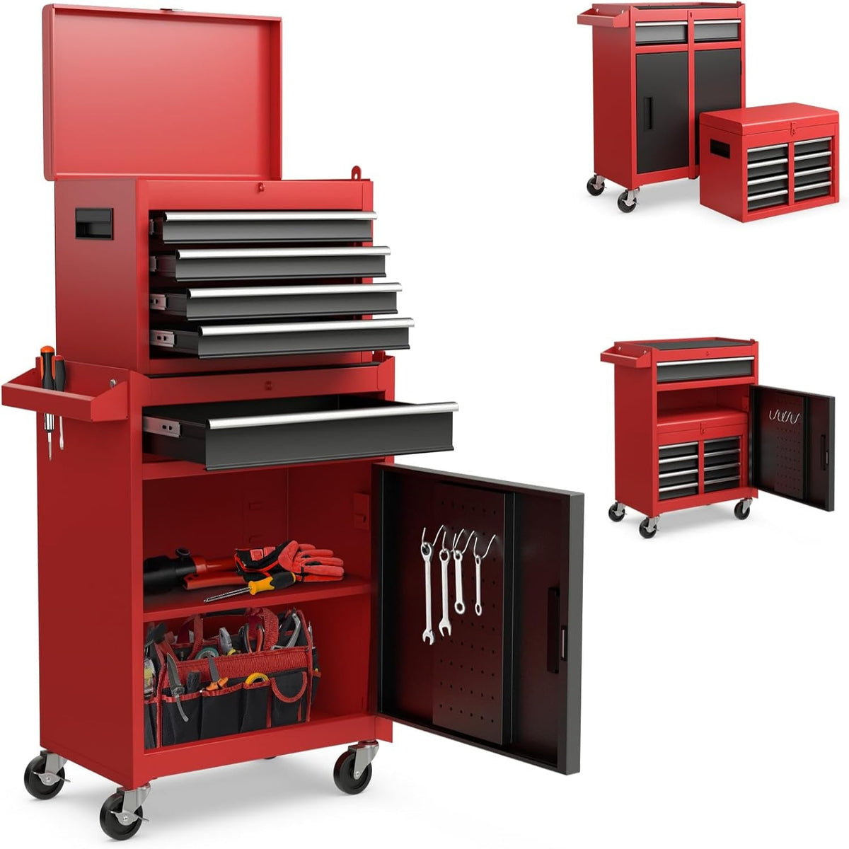 Rolling Tool Chest, 5-Drawer Tool Box Organizer W/Lockable Wheels & Sliding Drawers & Detachable Top & Adjustable Shelf, Tool Storage Cabinet for Garage Workshop (Red+Black)
