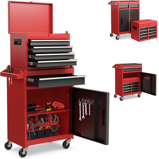 Rolling Tool Chest, 5-Drawer Tool Box Organizer W/Lockable Wheels & Sliding Drawers & Detachable Top & Adjustable Shelf, Tool Storage Cabinet for Garage Workshop (Red+Black)