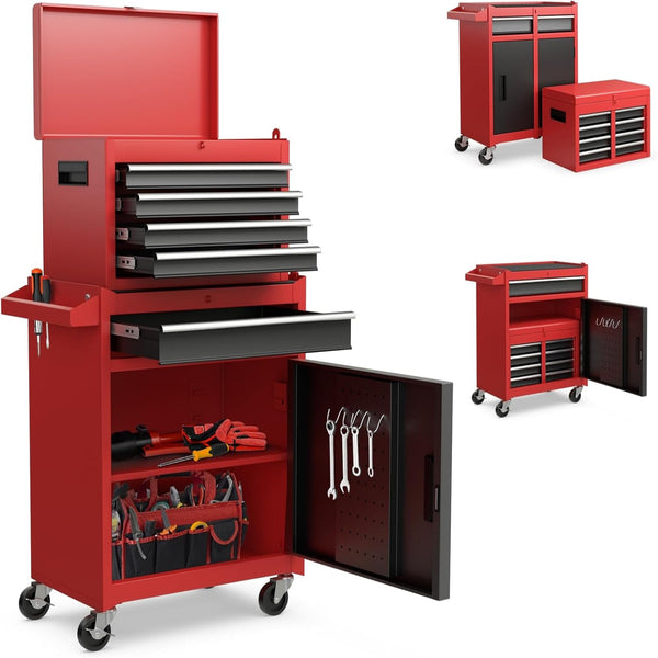 Rolling Tool Chest, 5-Drawer Tool Box Organizer W/Lockable Wheels & Sliding Drawers & Detachable Top & Adjustable Shelf, Tool Storage Cabinet for Garage Workshop (Red+Black)