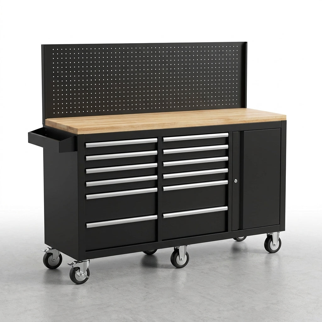 Tool Chest Workbench, 61-Inch Rolling Tool Chest with Wheels, 10 Drawers, Multifunctional Tool Cart Mechanic Tool Storage Cabinet for Garage, Assembled Large Tool Box Storage Cabinet, Black — Studio Shot