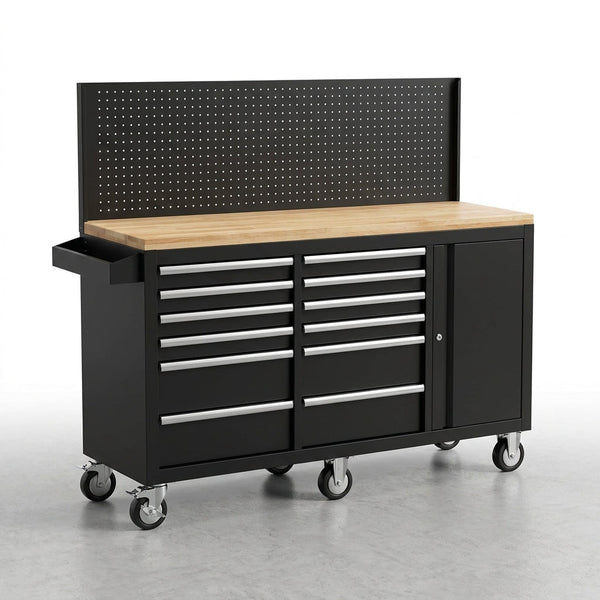 Tool Chest Workbench, 61-Inch Rolling Tool Chest with Wheels, 10 Drawers, Multifunctional Tool Cart Mechanic Tool Storage Cabinet for Garage, Assembled Large Tool Box Storage Cabinet, Black — Studio Shot