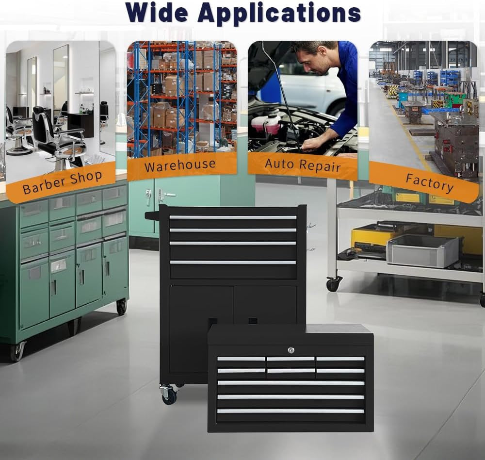 13-Drawer Rolling Tool Chest with Double Doors, 2 in 1 Detachable Rolling Tool Chest with Drawers, Mobile Tool Cabinet Combo, Metal Large Lockable Tool Box for Garage Workshop (Black)
