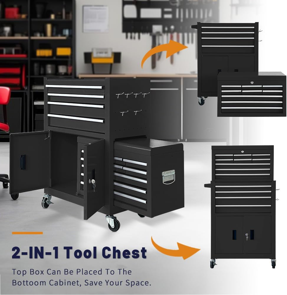13-Drawer Rolling Tool Chest with Double Doors, 2 in 1 Detachable Rolling Tool Chest with Drawers, Mobile Tool Cabinet Combo, Metal Large Lockable Tool Box for Garage Workshop (Black)