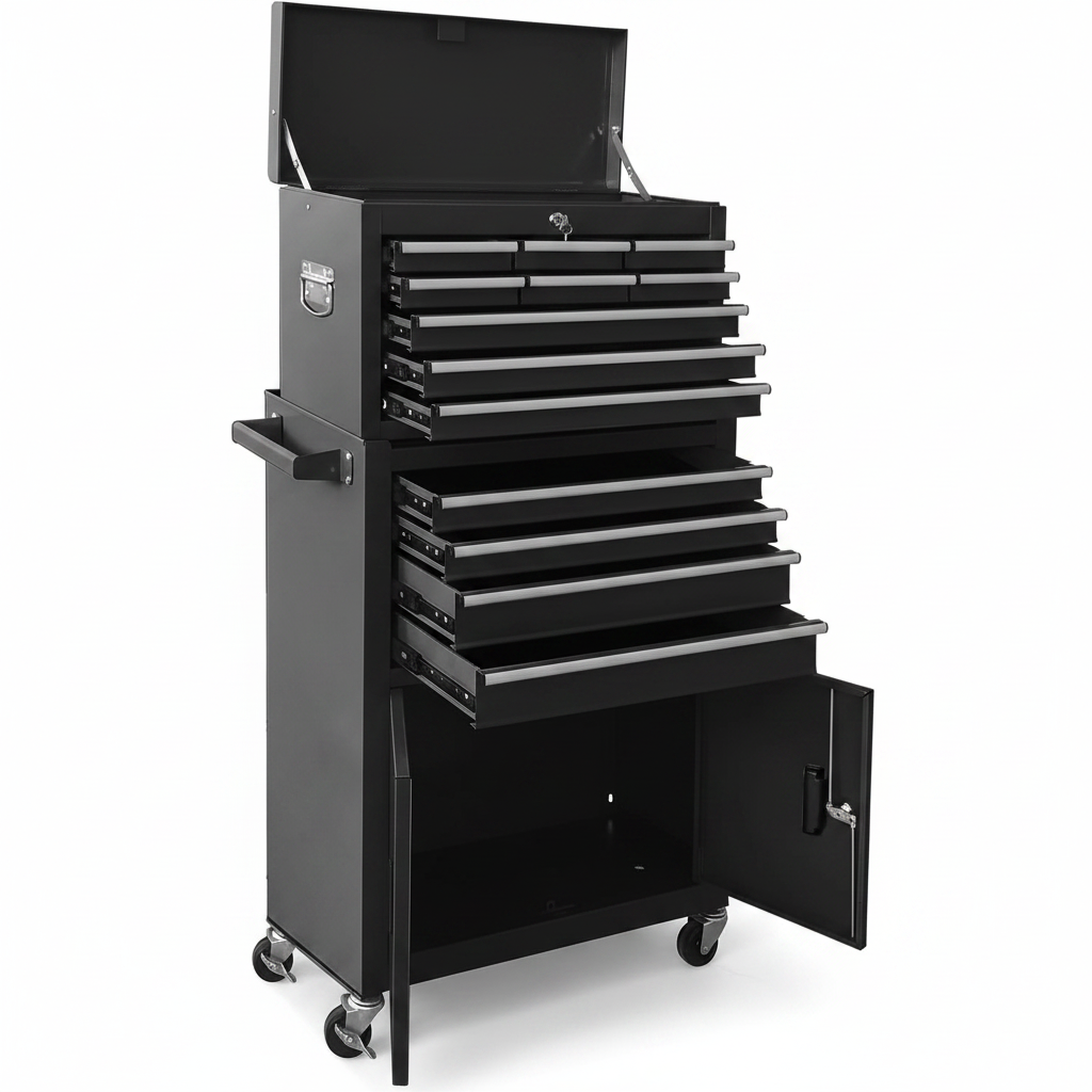 13-Drawer Rolling Tool Chest with Double Doors, 2 in 1 Detachable Rolling Tool Chest with Drawers, Mobile Tool Cabinet Combo, Metal Large Lockable Tool Box for Garage Workshop (Black)