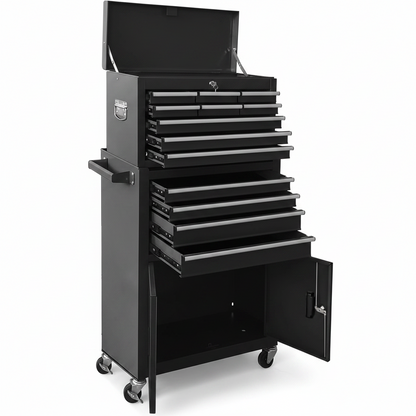 13-Drawer Rolling Tool Chest with Double Doors, 2 in 1 Detachable Rolling Tool Chest with Drawers, Mobile Tool Cabinet Combo, Metal Large Lockable Tool Box for Garage Workshop (Black)