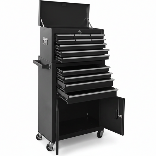 13-Drawer Rolling Tool Chest with Double Doors, 2 in 1 Detachable Rolling Tool Chest with Drawers, Mobile Tool Cabinet Combo, Metal Large Lockable Tool Box for Garage Workshop (Black)