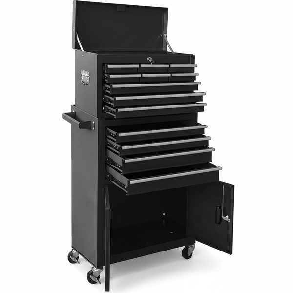 13-Drawer Rolling Tool Chest with Double Doors, 2 in 1 Detachable Rolling Tool Chest with Drawers, Mobile Tool Cabinet Combo, Metal Large Lockable Tool Box for Garage Workshop (Black)